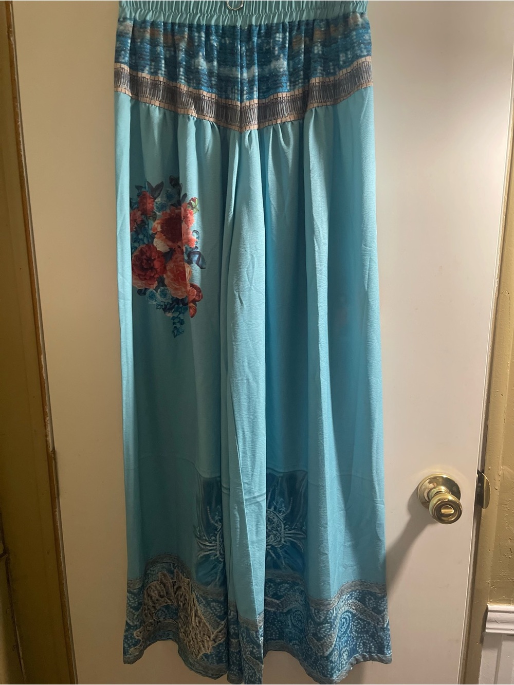 Boho Aqua Floral Wide Leg Palazzo Pants Size Medium Beach Resort Style
